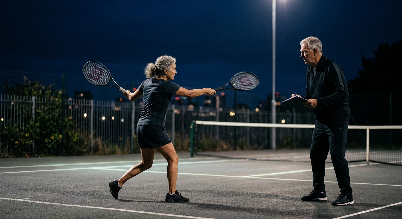 Senior adult receiving tennis coaching at a USTA-affiliated court at dusk with dramatic lighting