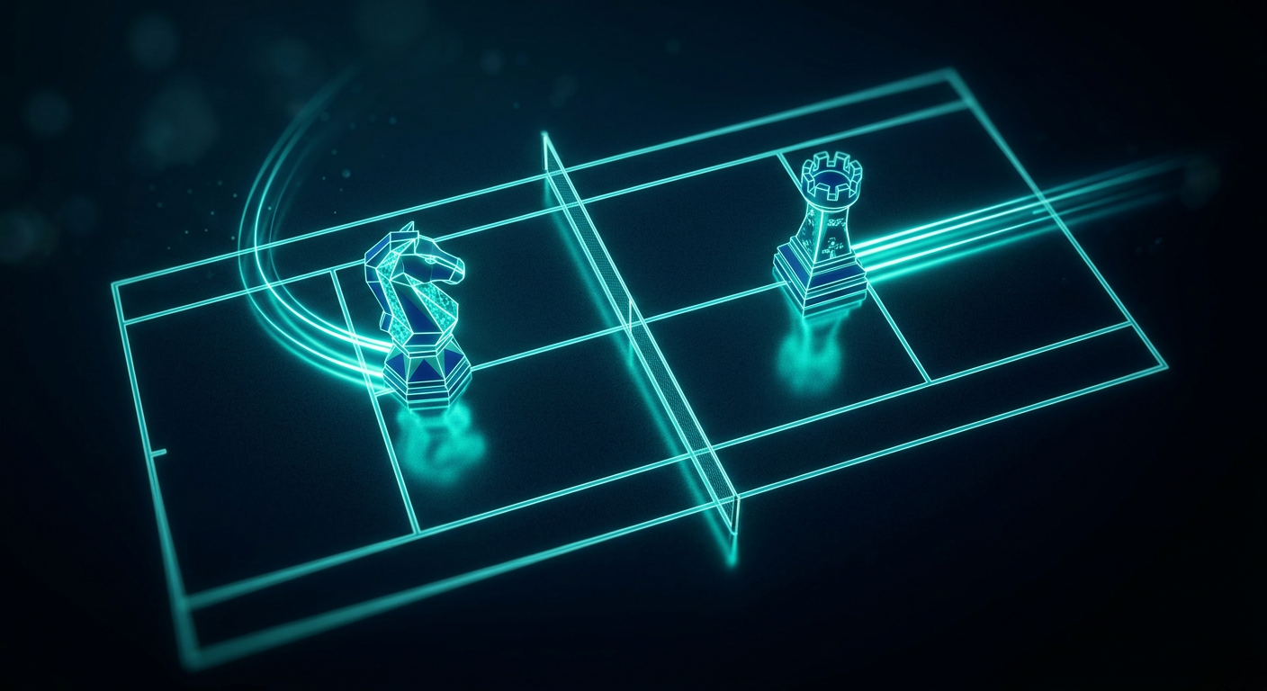 Two glowing figures in doubles formations on a tennis court showing net player poaching position