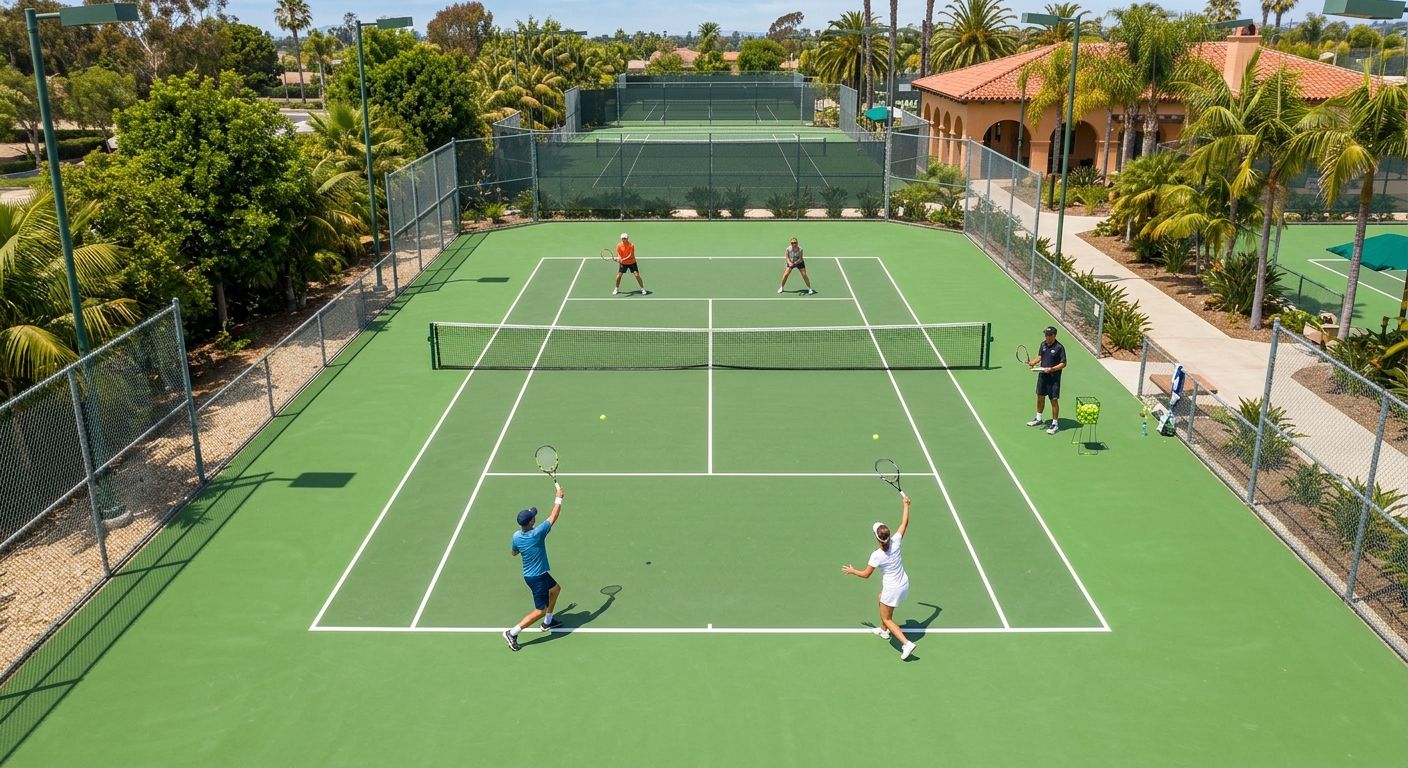 Aerial view of adult beginners in a group tennis lesson on an Orange County court