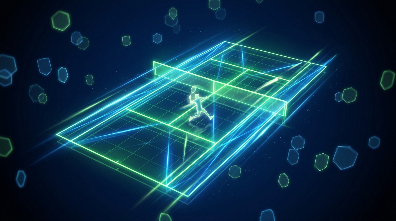 Abstract tennis court with USTA Junior Circuit credential shapes and young player silhouette