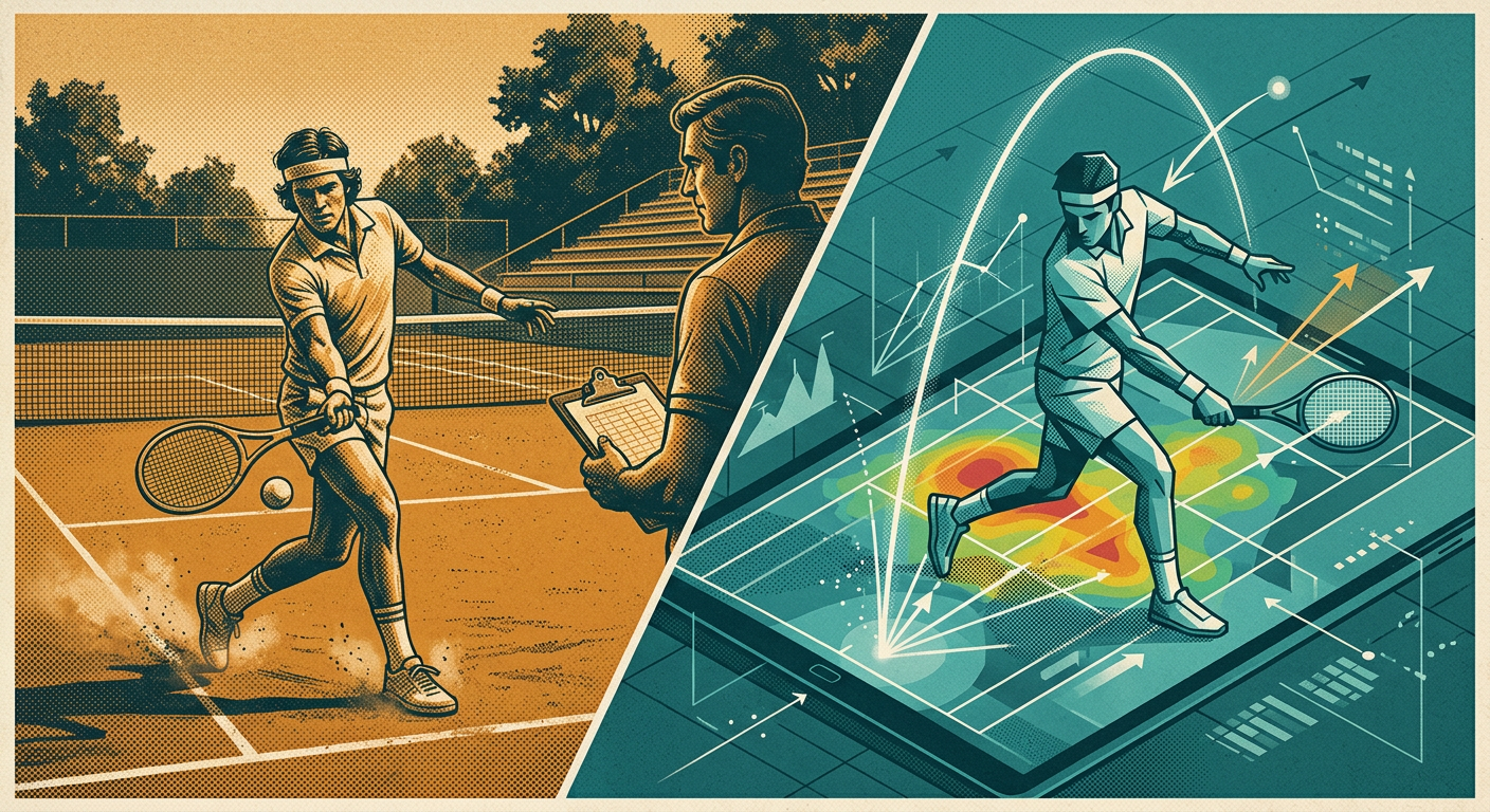 Split retro-modern illustration showing in-person tennis coaching vs Swing Vision virtual coaching technology