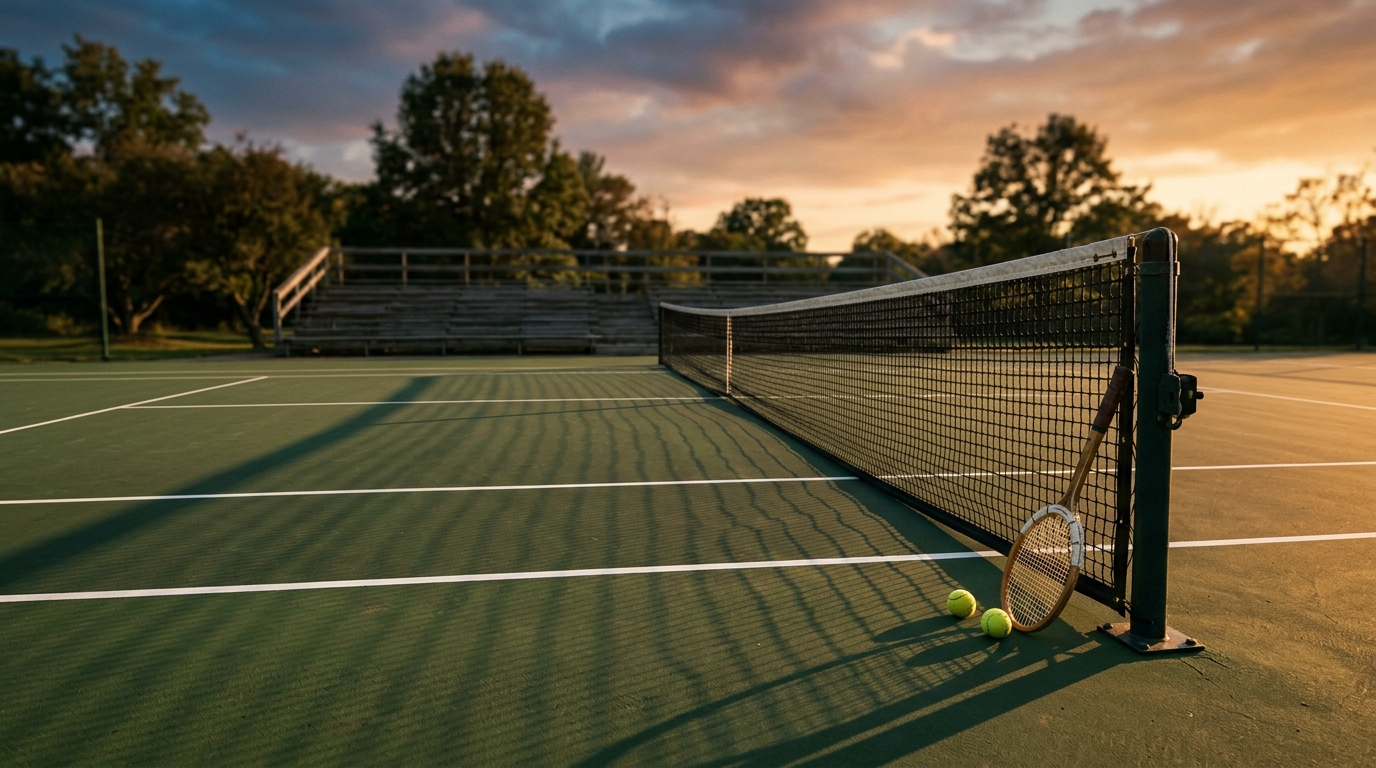 Empty tennis court at golden hour evoking USTA Senior Tennis and active aging programs