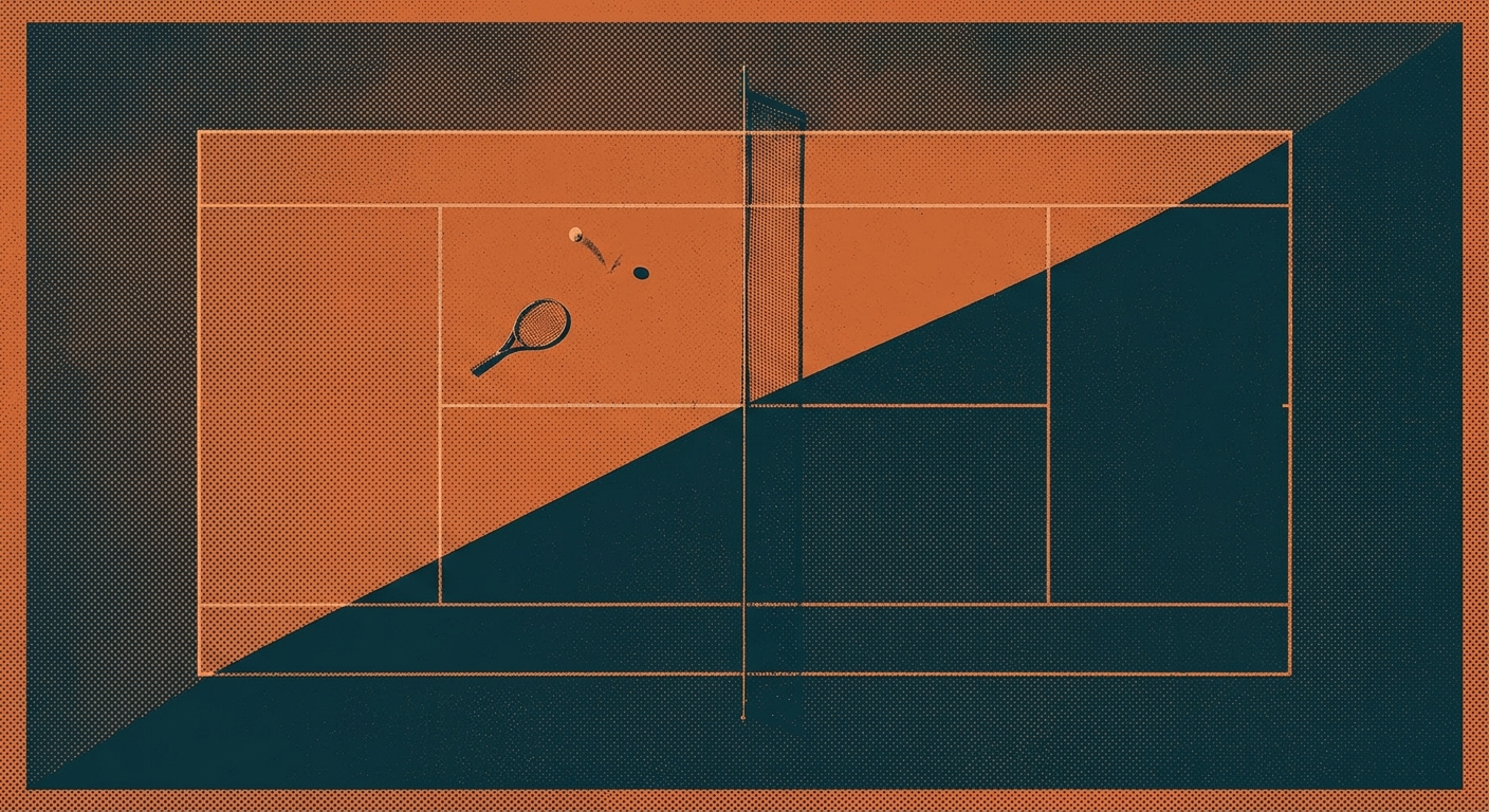 Tennis court duotone halftone aerial view evoking USTA self-teaching journey