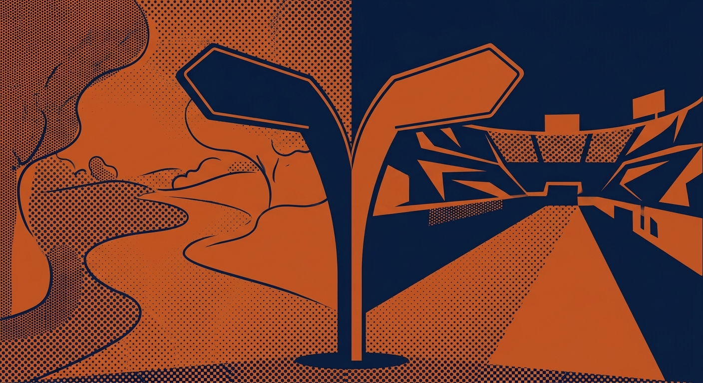 Duotone halftone illustration of diverging paths symbolizing USTA junior tennis training choices