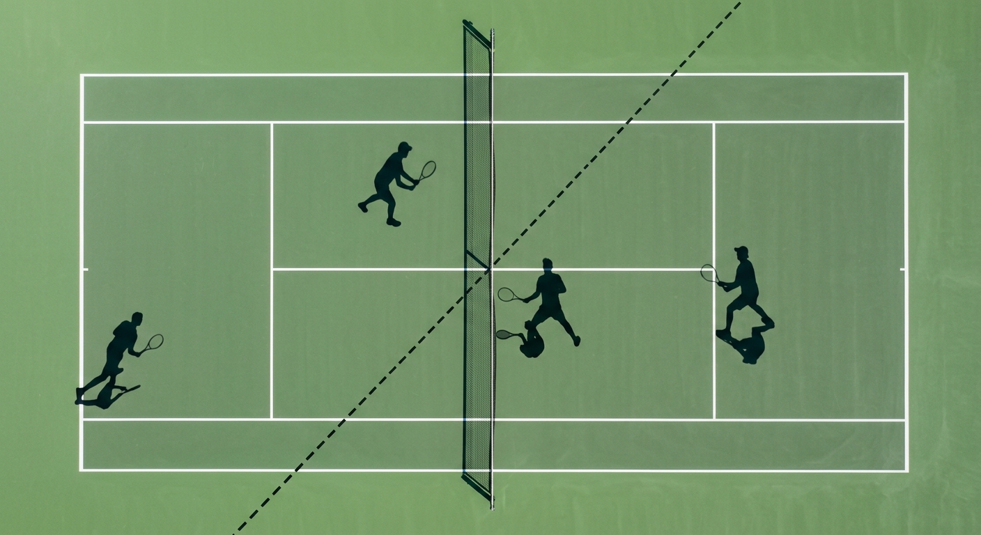 Aerial view of doubles tennis court showing net player and baseline player positioning contrast