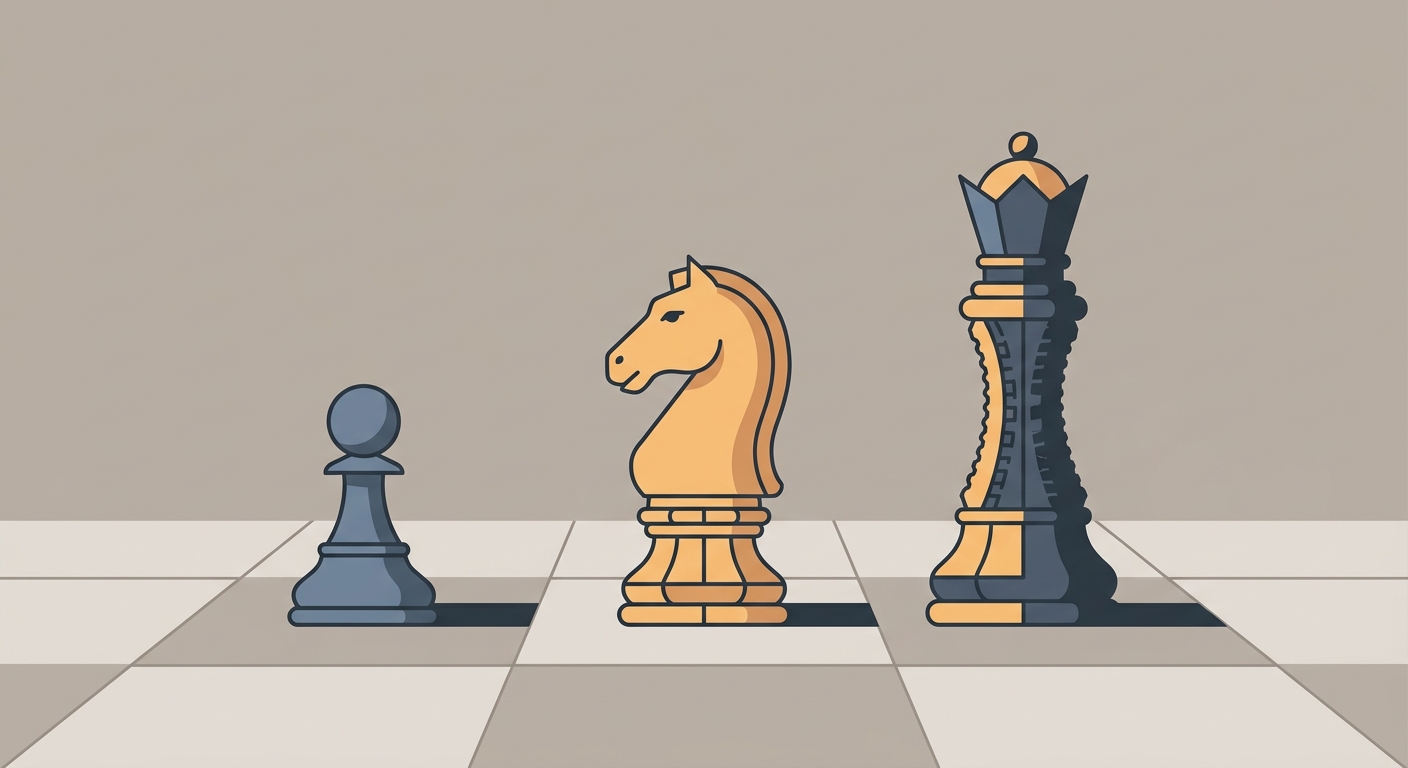 Three chess pieces ascending in complexity symbolizing NTRP doubles strategy levels 3.0 to 4.0