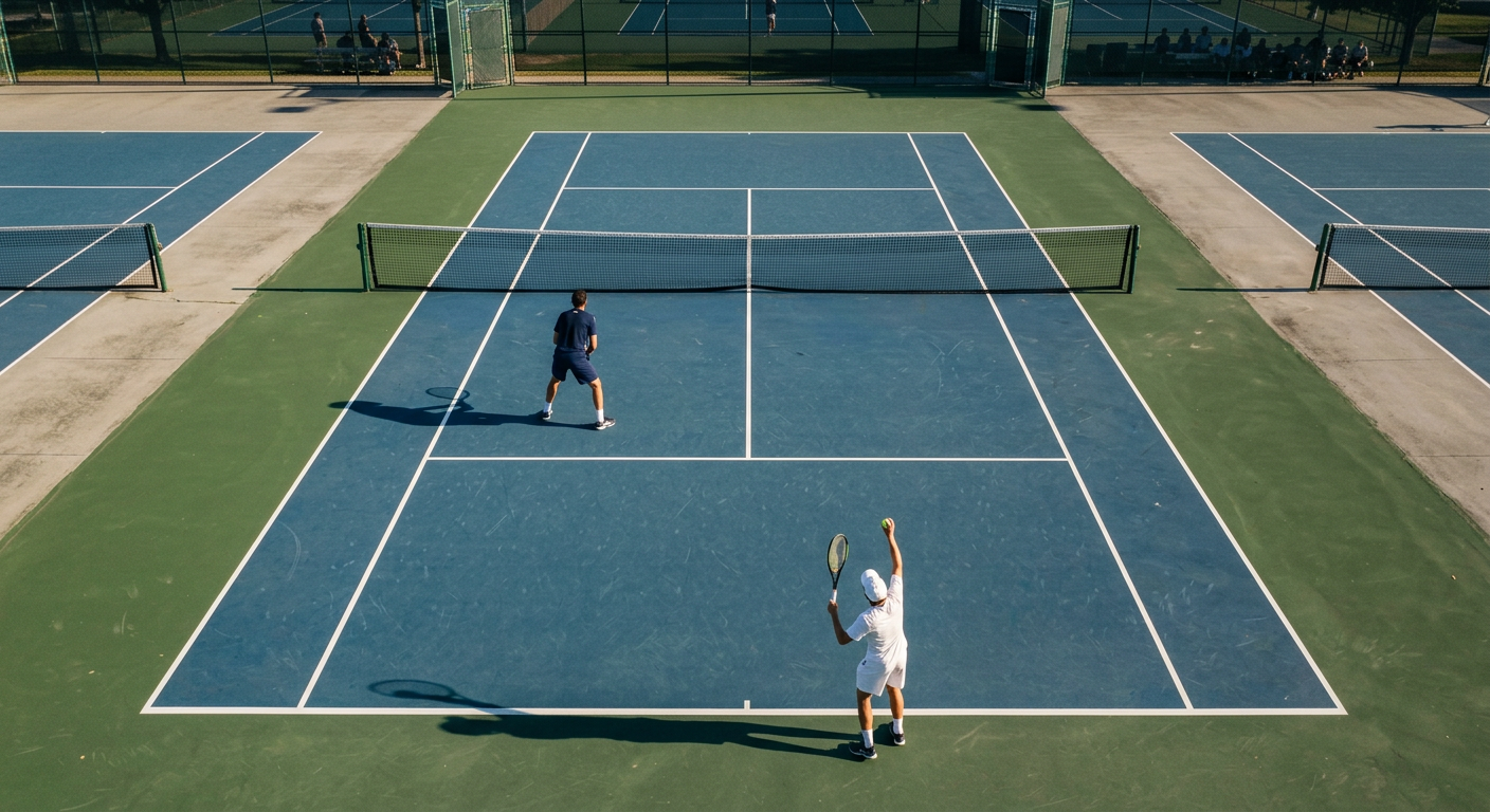 Overhead view of doubles court showing net player in service box at T-position