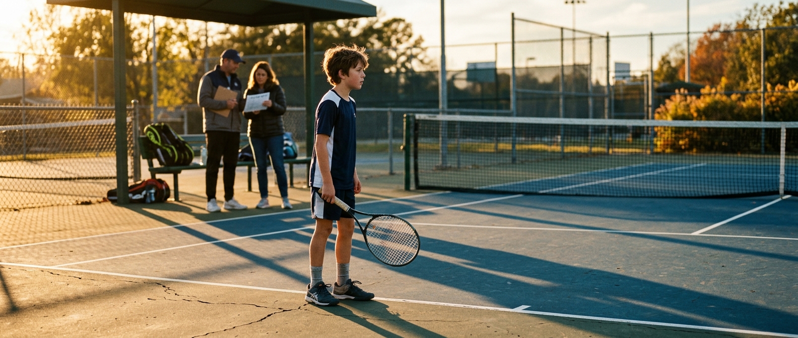 Junior tennis player on court with coach and parent reviewing USTA tournament schedule