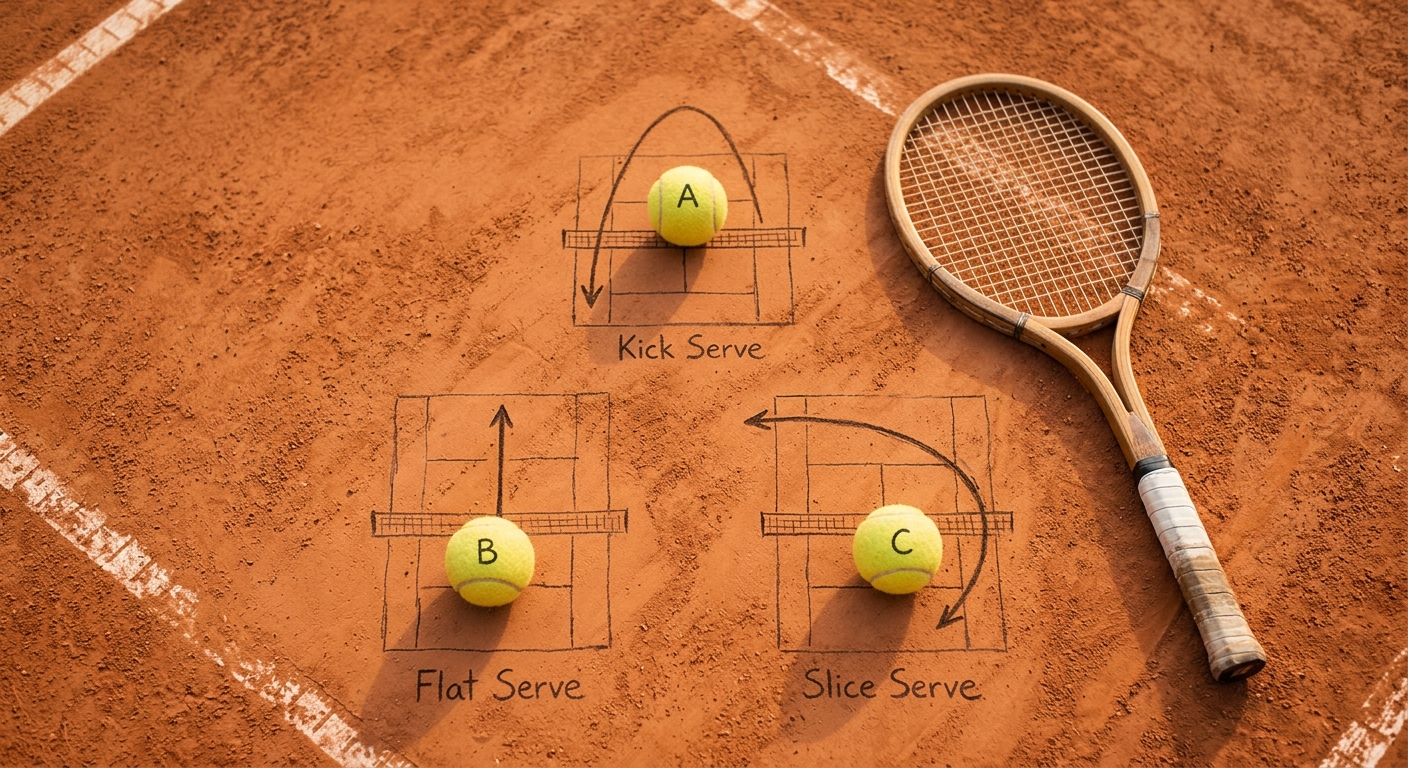 Overhead flat-lay of three tennis balls showing flat, kick, and slice serve trajectories with continental grip racket