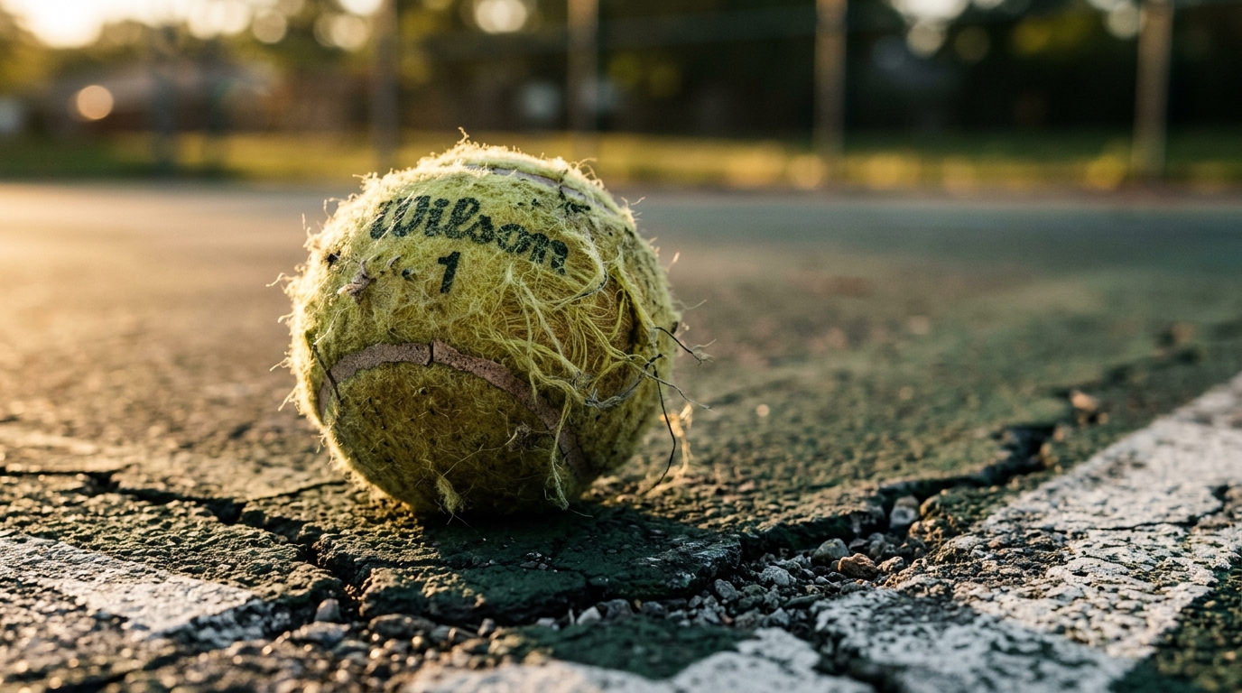 Close-up of tennis ball on public court surface, City of Irvine tennis program setting