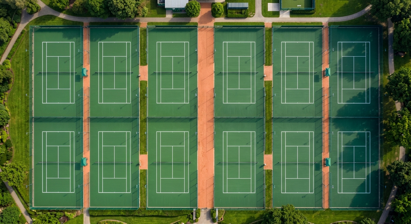 Aerial view of Orange County tennis courts with geometric patterns, City of Irvine tennis