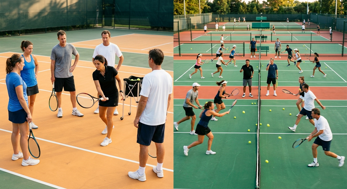 Tennis coach running group lesson beside high-energy USTA clinic at Orange County tennis club