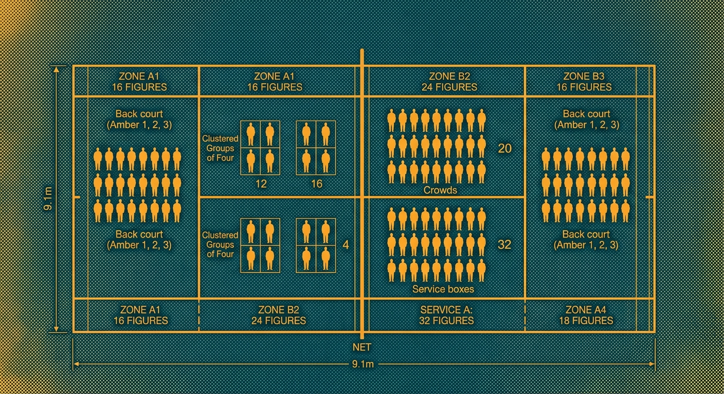 USTA-style diagram showing Orange County tennis clinic court formations and class groupings