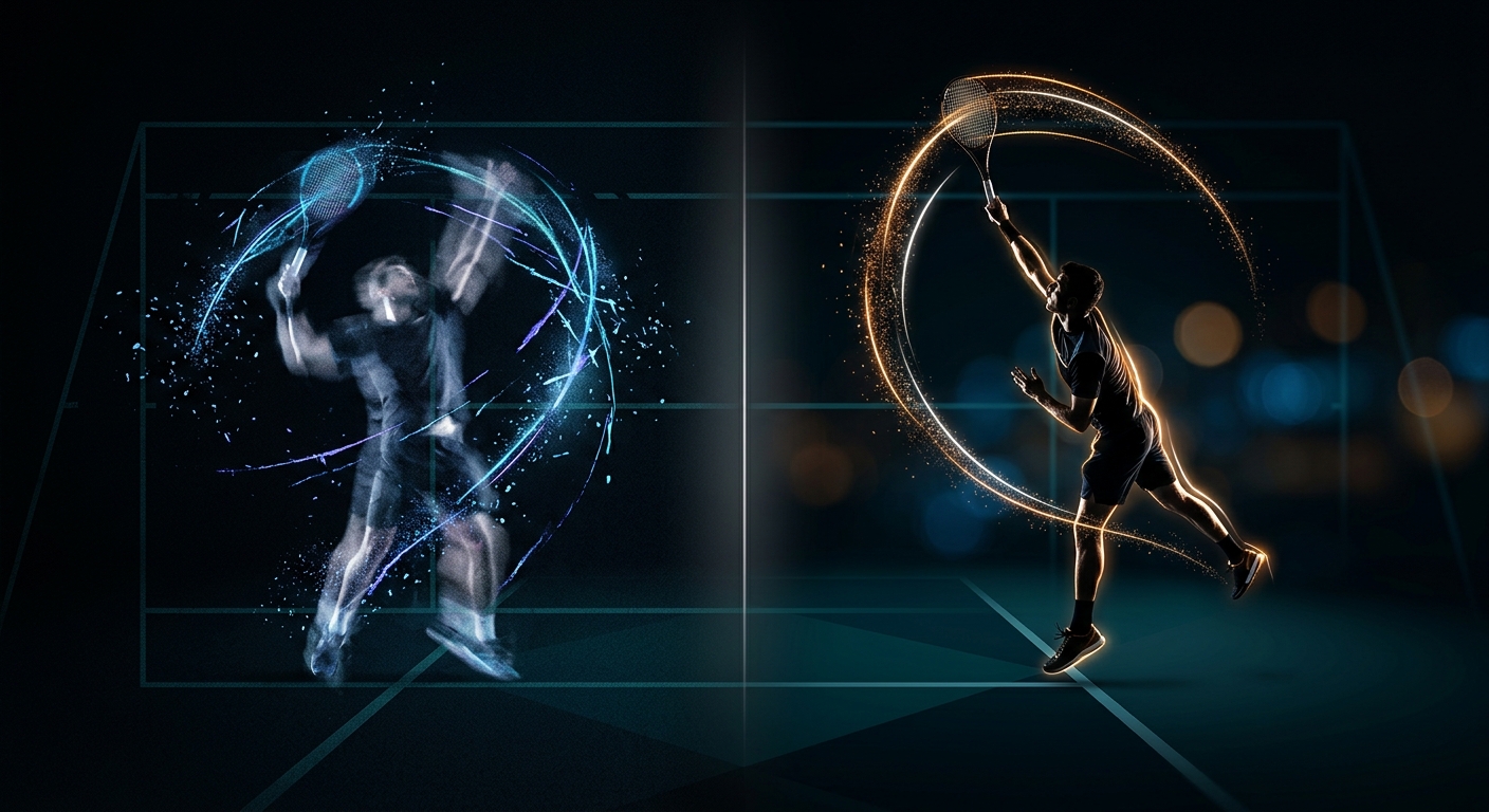 Contrast of broken vs refined serve mechanics showing motor learning progression on court