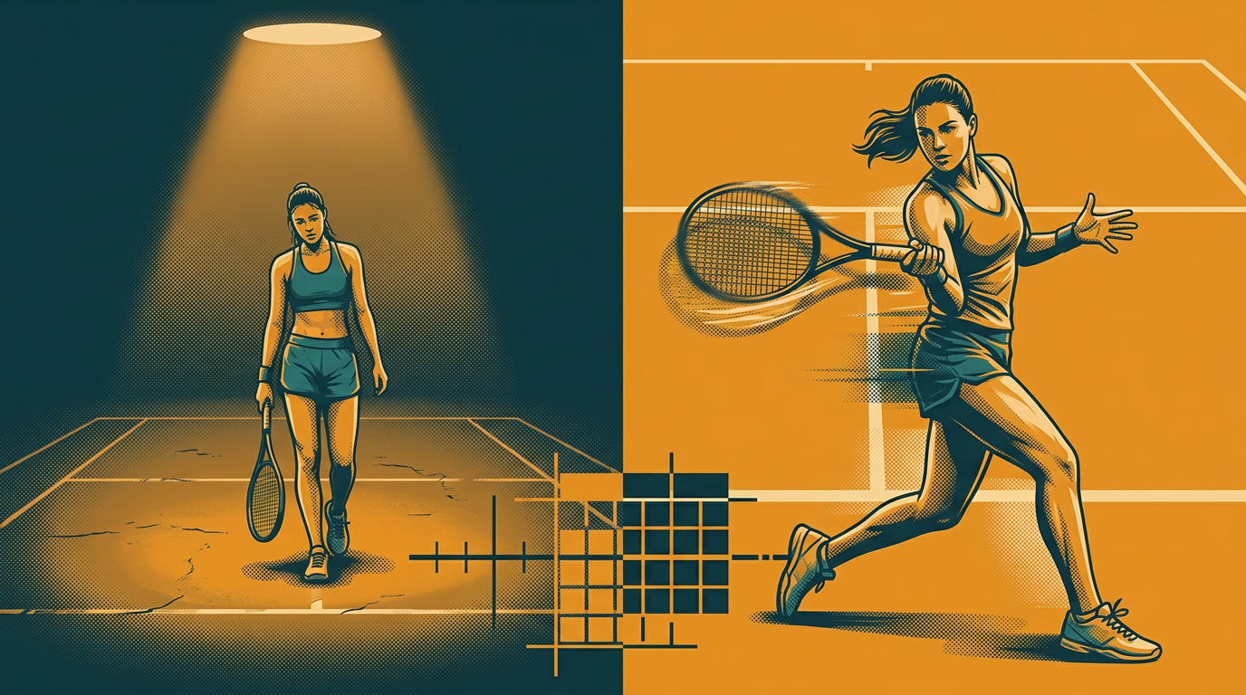 Split duotone illustration showing tennis player development through spaced repetition practice methodology