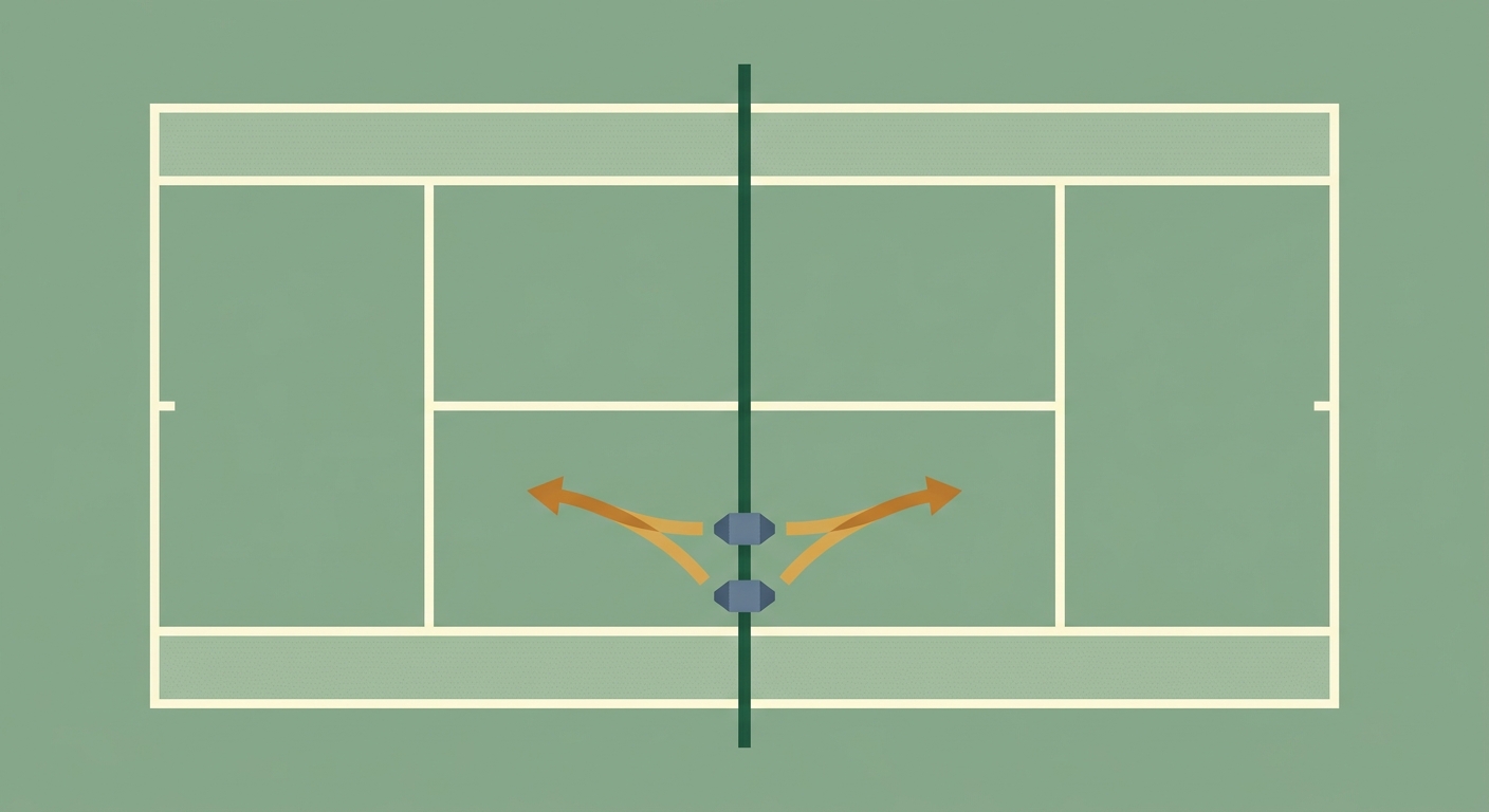 Overhead view of I-formation doubles setup with net player at center service line