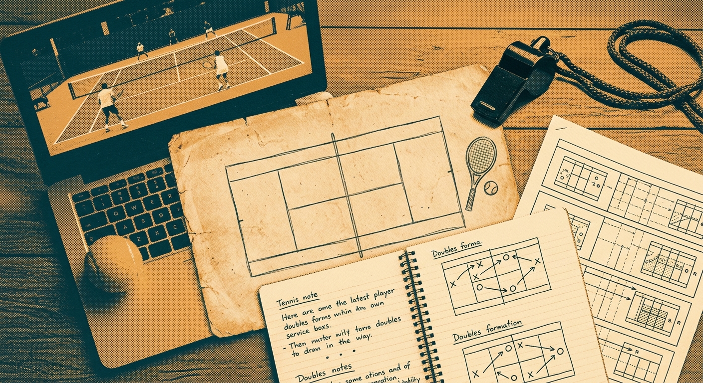 Overhead flat-lay of tennis doubles formations diagram, laptop, and coach notebook for online tennis coaching comparison