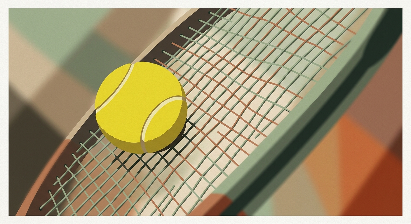 Macro close-up of private tennis lesson racket strings and ball demonstrating tennis mechanics