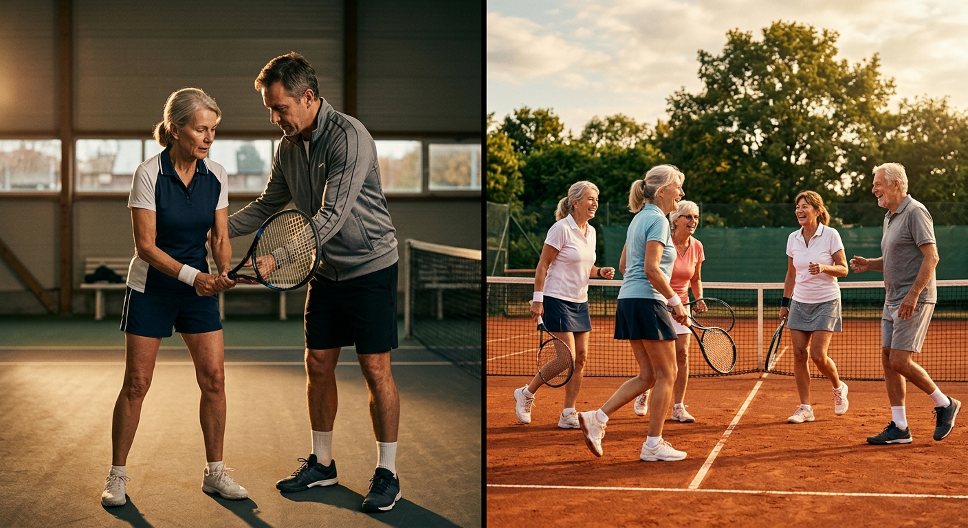 Senior tennis players comparing private lesson and group class at USTA Adult Tennis facility