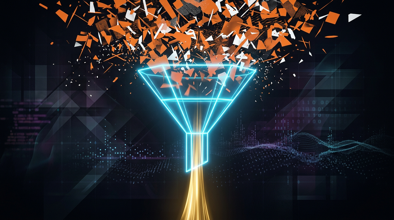 Abstract neon funnel filtering r/tennis Reddit noise into clear private coaching signal