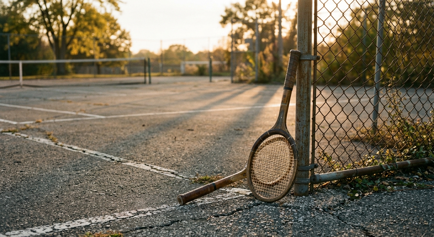 Worn tennis racket on public court — adult tennis programs and NTRP beginner journey