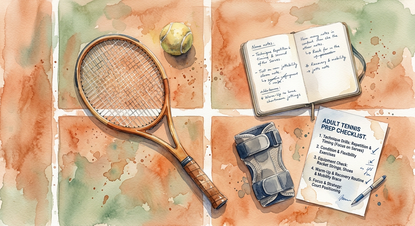 USTA PTR senior tennis coaching checklist flat-lay with racket and notebook overhead