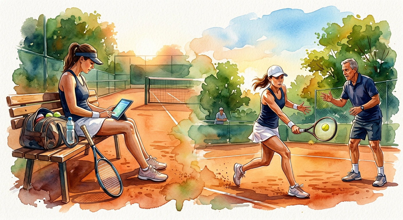 Player watching YouTube tennis tutorial vs receiving real-time feedback from coach on court