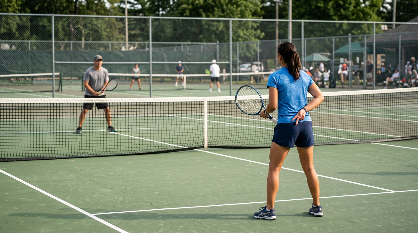 Net player showing hand signal to server in recreational doubles formation at club tennis court