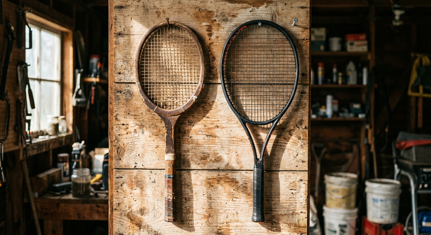 Old and new tennis rackets side by side, symbolizing NTRP adult player return journey