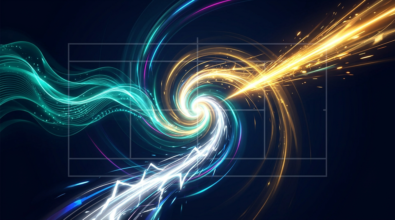 Abstract motion art showing three practice streams merging — Spinshot ball machine, USTA clinics, and private coaching