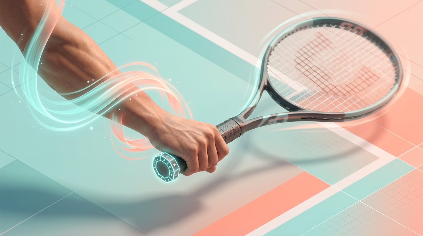 Continental grip tennis racket showing wrist pronation and racket bevels in motion