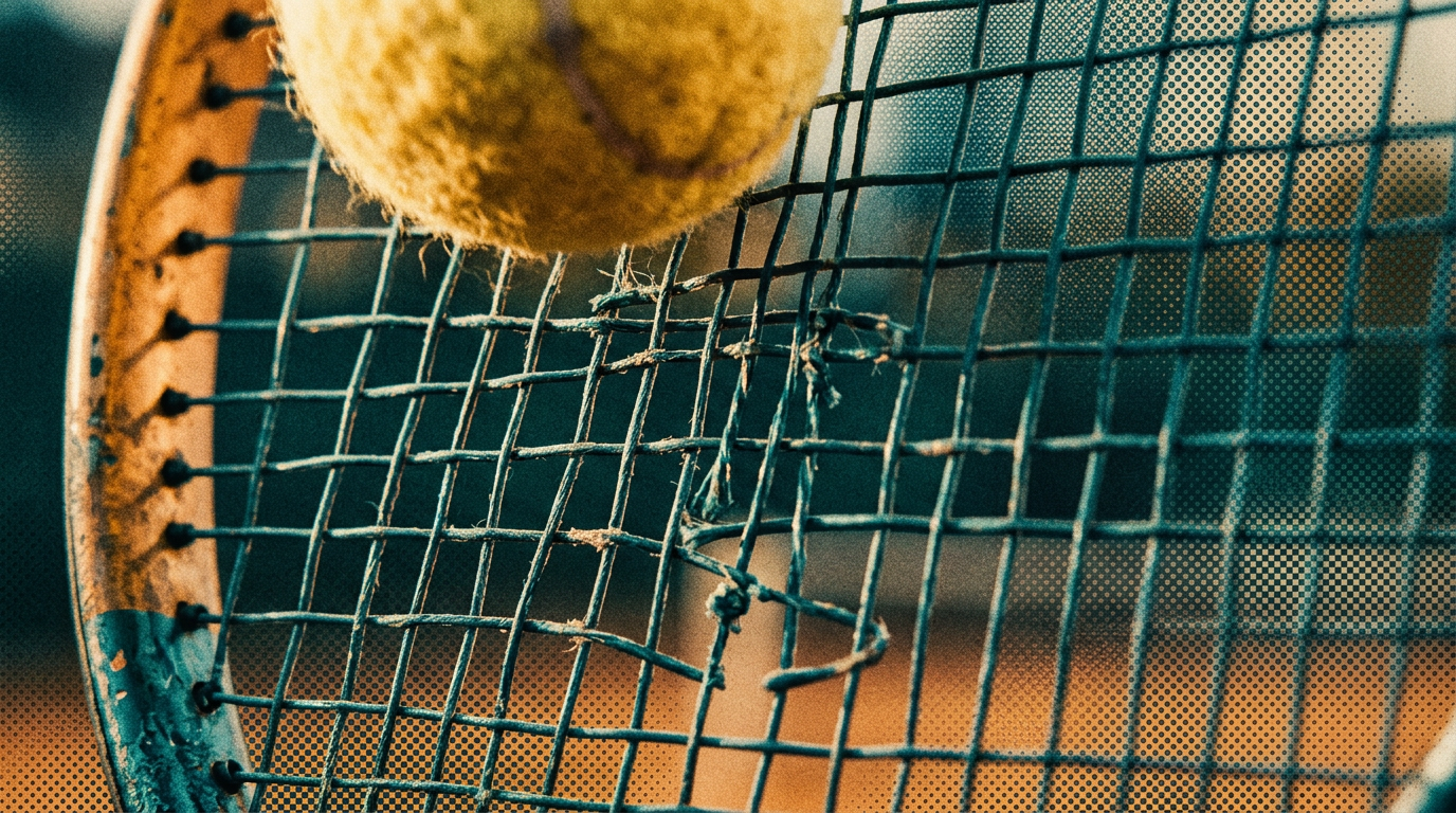 Macro close-up of racket strings showing kinetic chain energy transfer at serve contact point