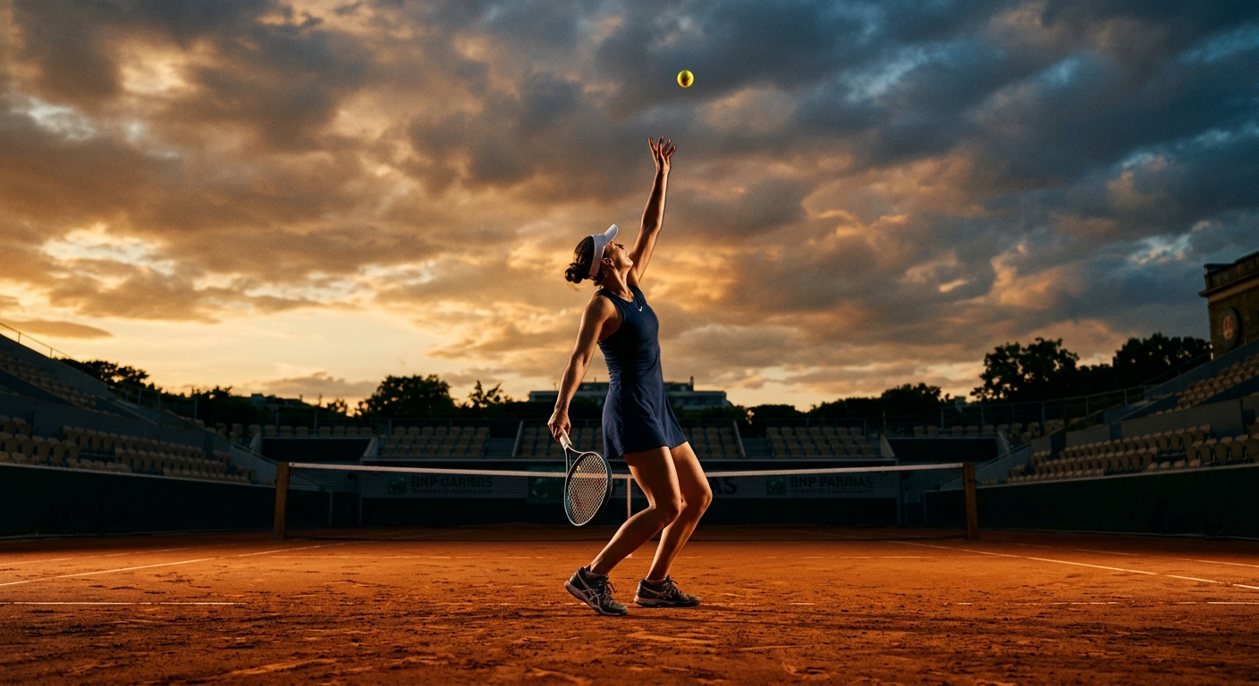 Tennis player releasing serve toss with continental grip in trophy position on clay court