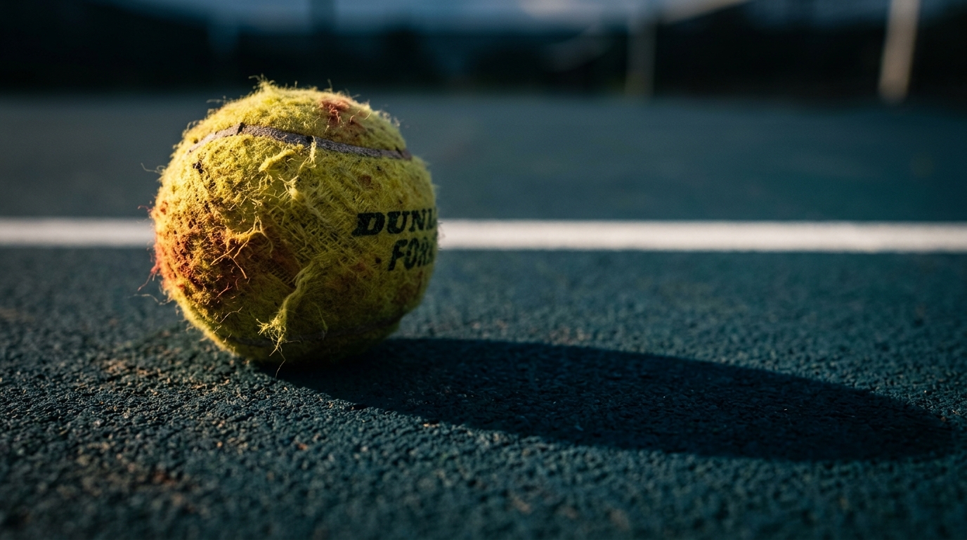 Close-up of tennis ball on USTA junior court baseline with dramatic lighting