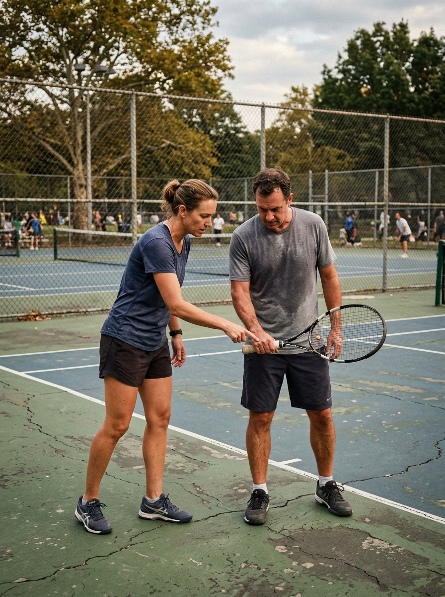 Tennis coach adjusting adult student's racket grip during a private lesson on an outdoor public park court
